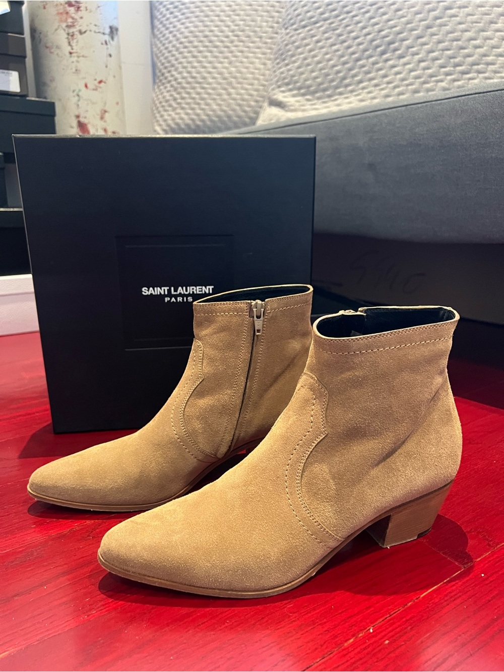 Saint Laurent Tan Suede Ankle Boots with Low Block Heel